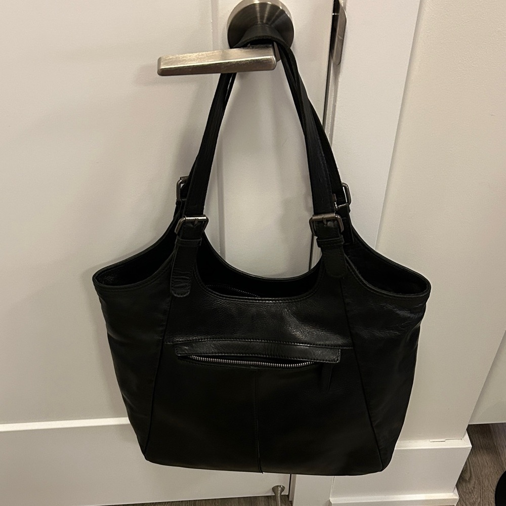 Black large Leather Tote Bag zipper closure bag  🆓 gift secret